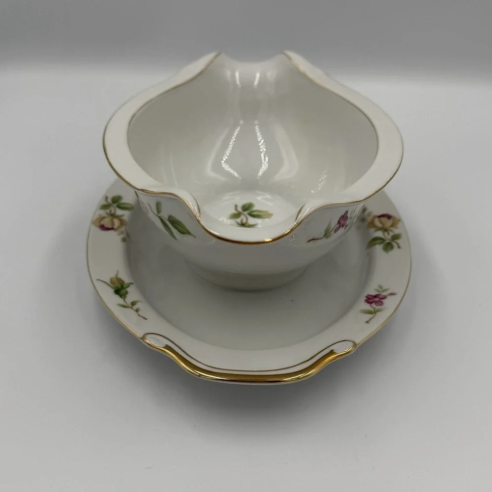 Vintage Lynmore Golden Rose Fine China Gravy Boat With Attached Plate